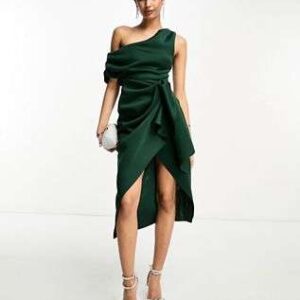 ASOS DESIGN fallen shoulder manipulated tuck bodycon midi dress