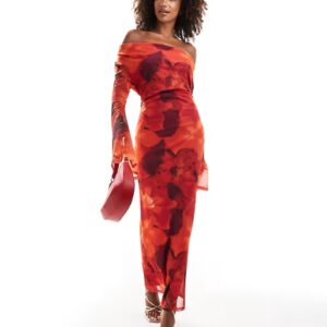 ASOS DESIGN cowl front mesh maxi dress with flare sleeve in red floral smudge print
